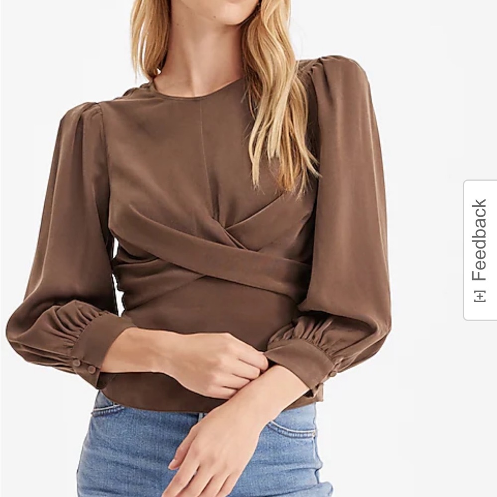 Express Satin Crew Neck Puff Sleeve Wrap Top